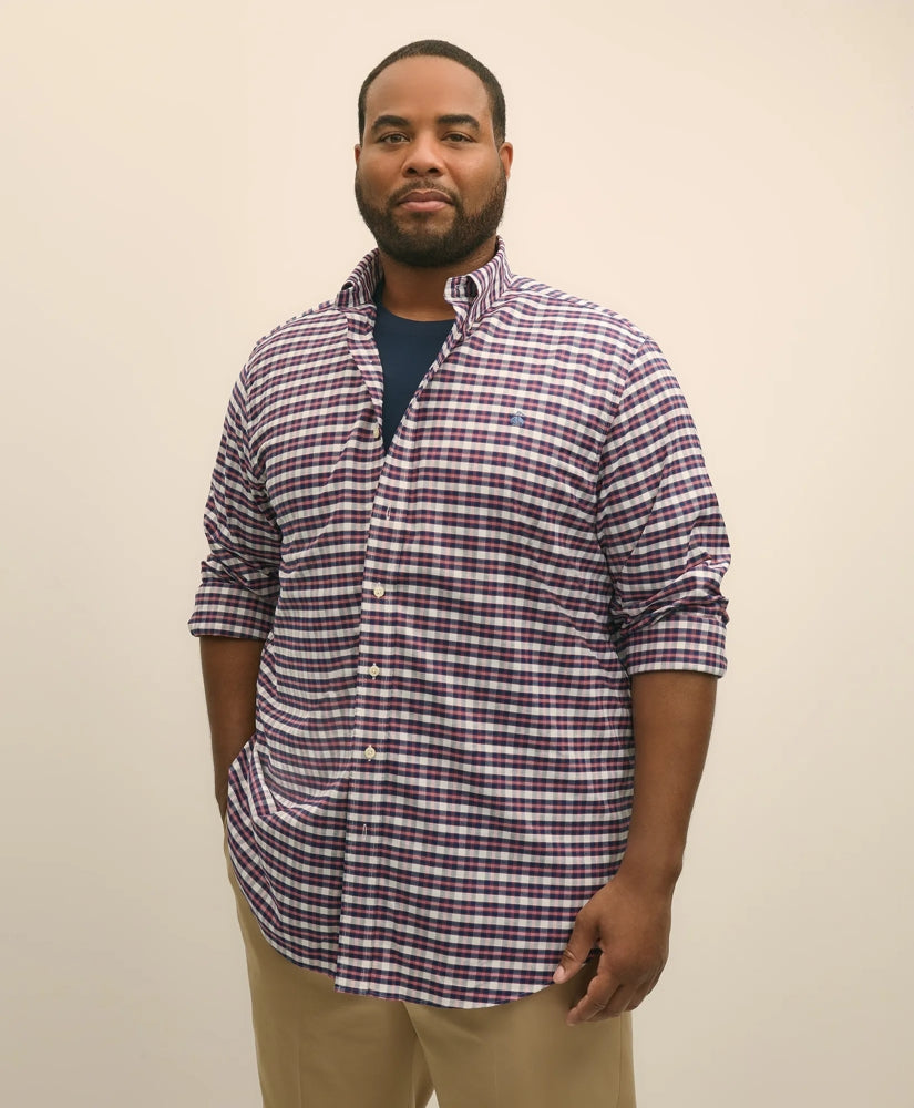 Big & Tall Stretch Cotton Non-Iron Oxford Polo Button Down Collar, Outline Check Shirt | Brooks Brothers