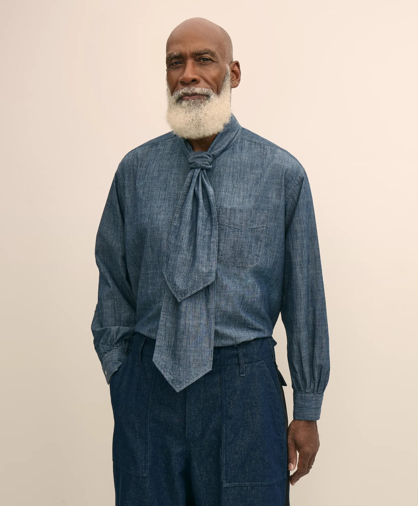 Brooks Brothers X Engineered Garments Cotton Chambray Ascot Collar Oversized Dress Shirt | Brooks Brothers