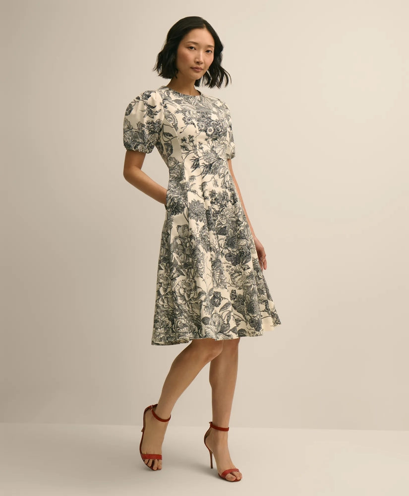 Cotton Blend Puff-Sleeve Floral Print Dress | Brooks Brothers