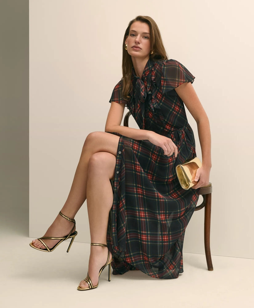 Chiffon Plaid Flutter-Sleeve Maxi Dress | Brooks Brothers