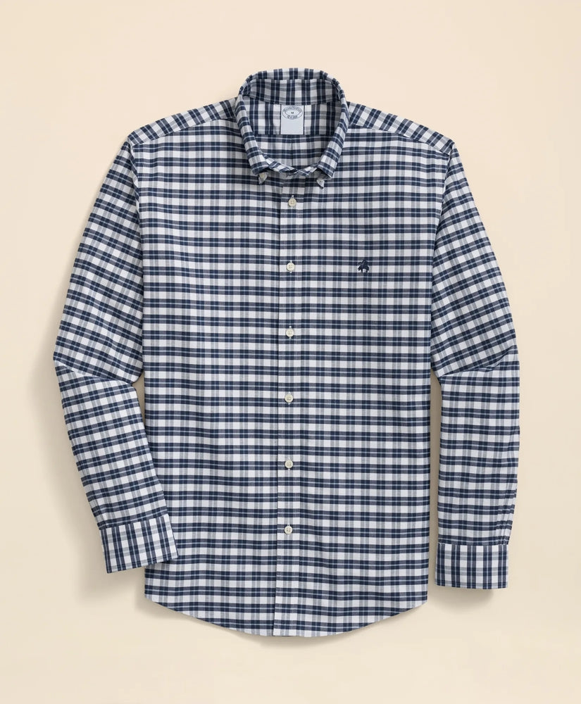 Stretch Cotton Non-Iron Oxford Polo Button Down Collar, Checked Shirt | Brooks Brothers