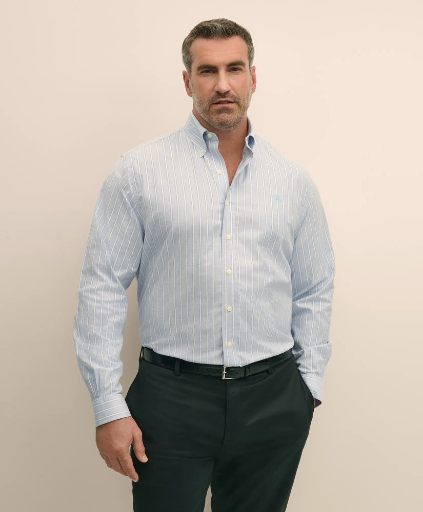 Big & Tall Stretch Cotton Non-Iron Oxford Polo Button Down Collar, Outline Stripe Shirt | Brooks Brothers