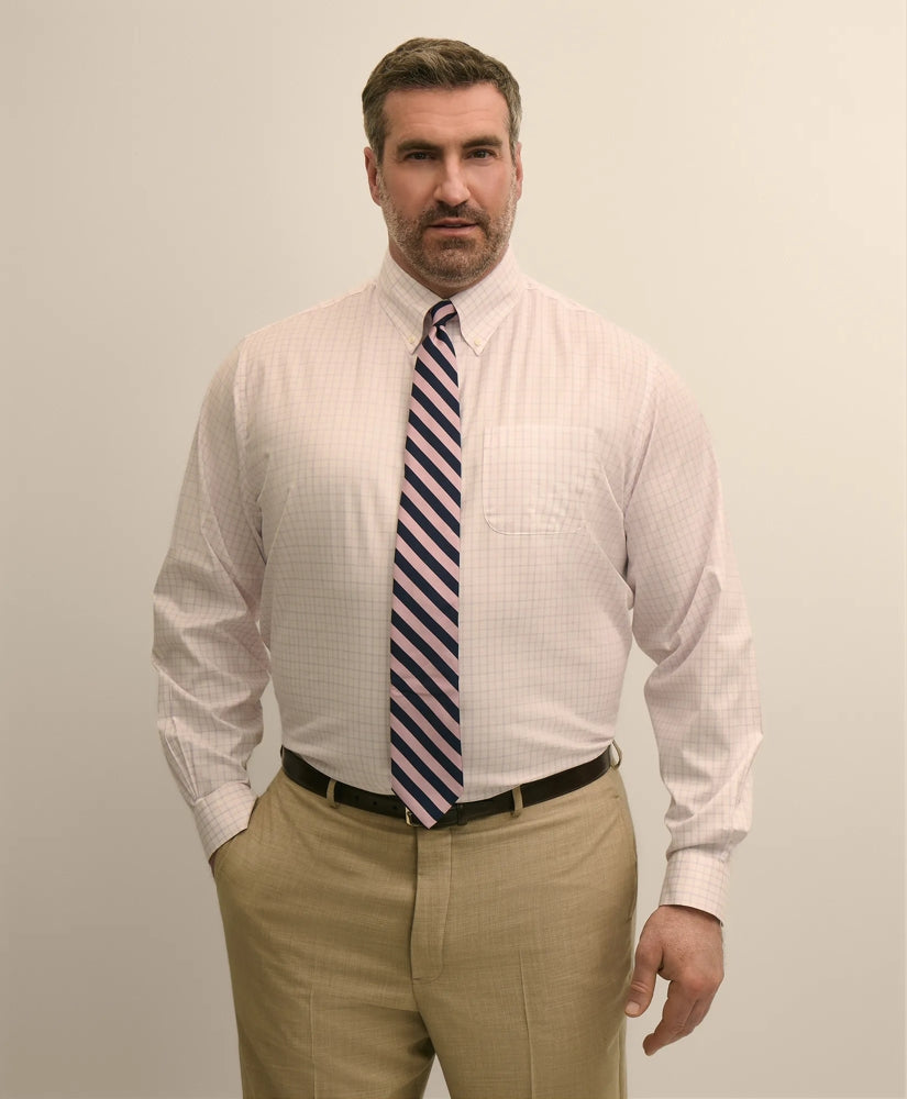 Big & Tall Stretch Cotton Non-Iron Pinpoint Oxford Polo Button Down, Windowpane Dress Shirt | Brooks Brothers