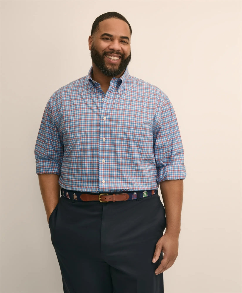 Big & Tall Stretch Cotton Non-Iron Poplin Polo Button Down, Check Sport Shirt | Brooks Brothers