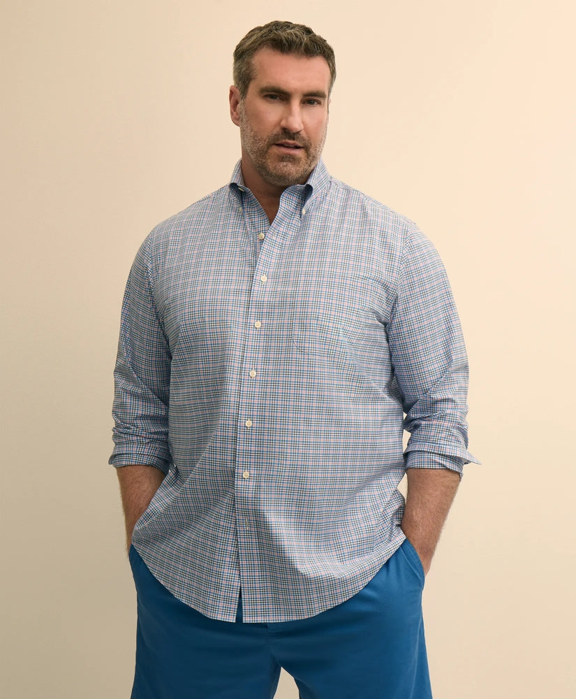 Big & Tall Stretch Cotton Non-Iron Poplin Polo Button Down, Check Sport Shirt | Brooks Brothers