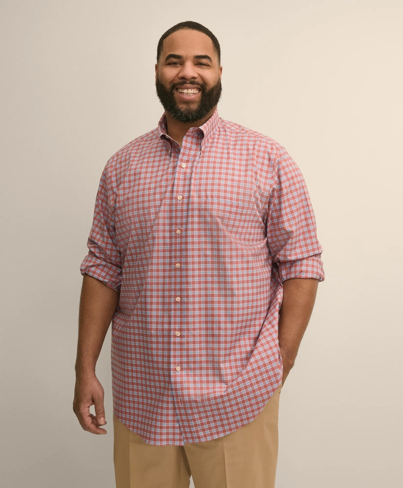 Big & Tall Stretch Cotton Non-Iron Poplin Polo Button Down, Check Sport Shirt | Brooks Brothers