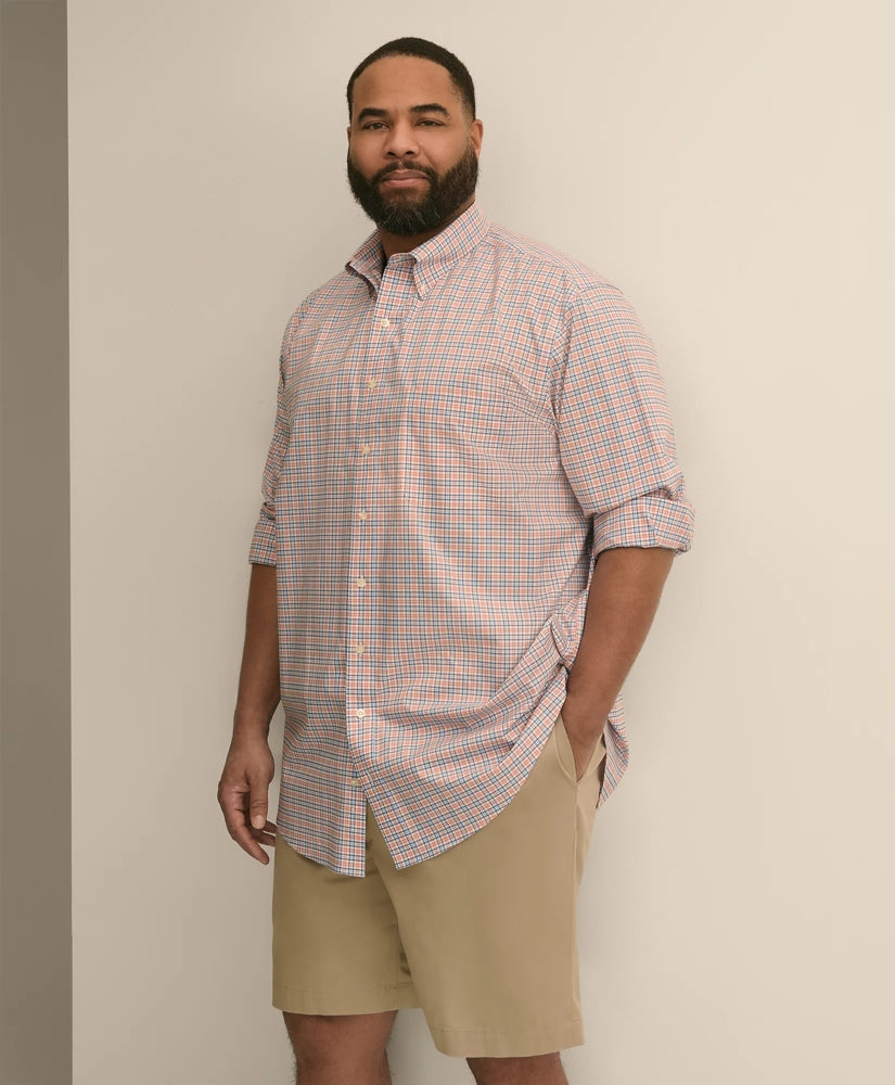 Big & Tall Stretch Cotton Non-Iron Poplin Polo Button Down, Check Sport Shirt | Brooks Brothers
