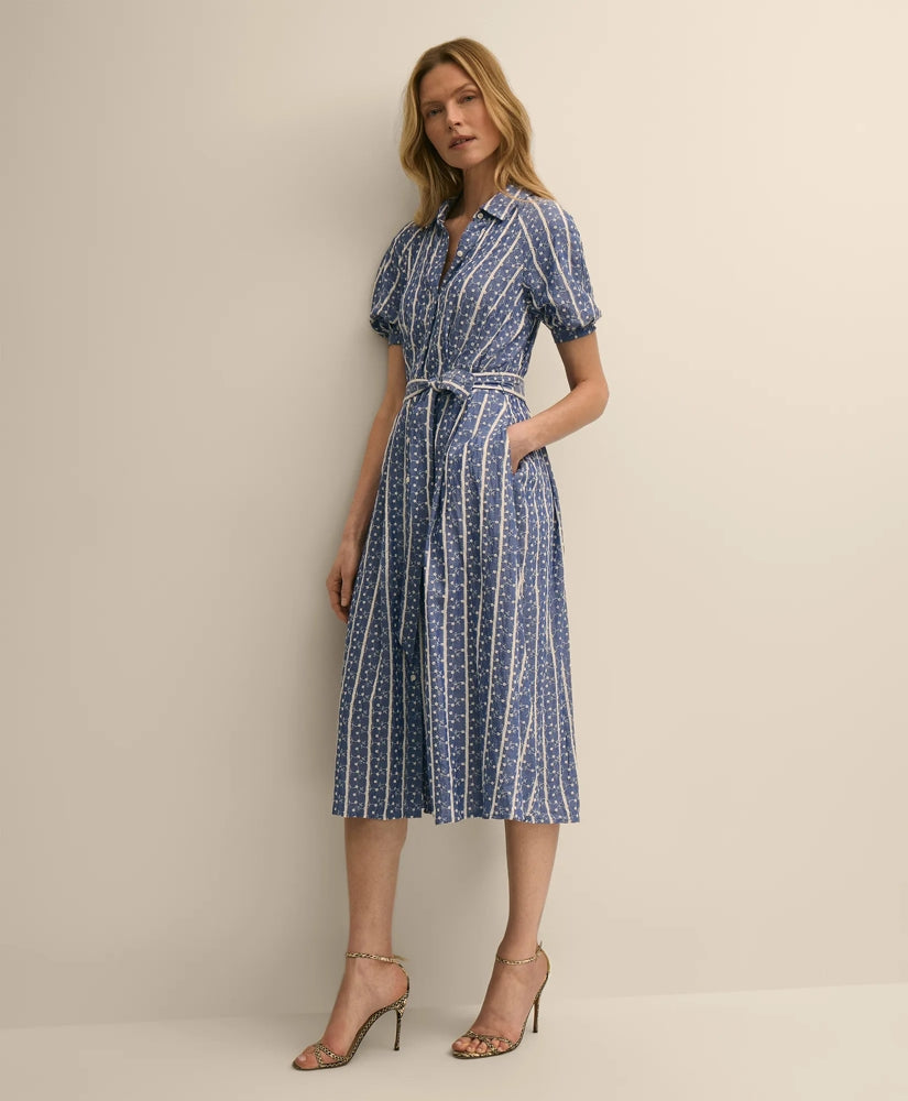 Chambray Floral-Stripe Embroidered Belted Shirt Dress | Brooks Brothers