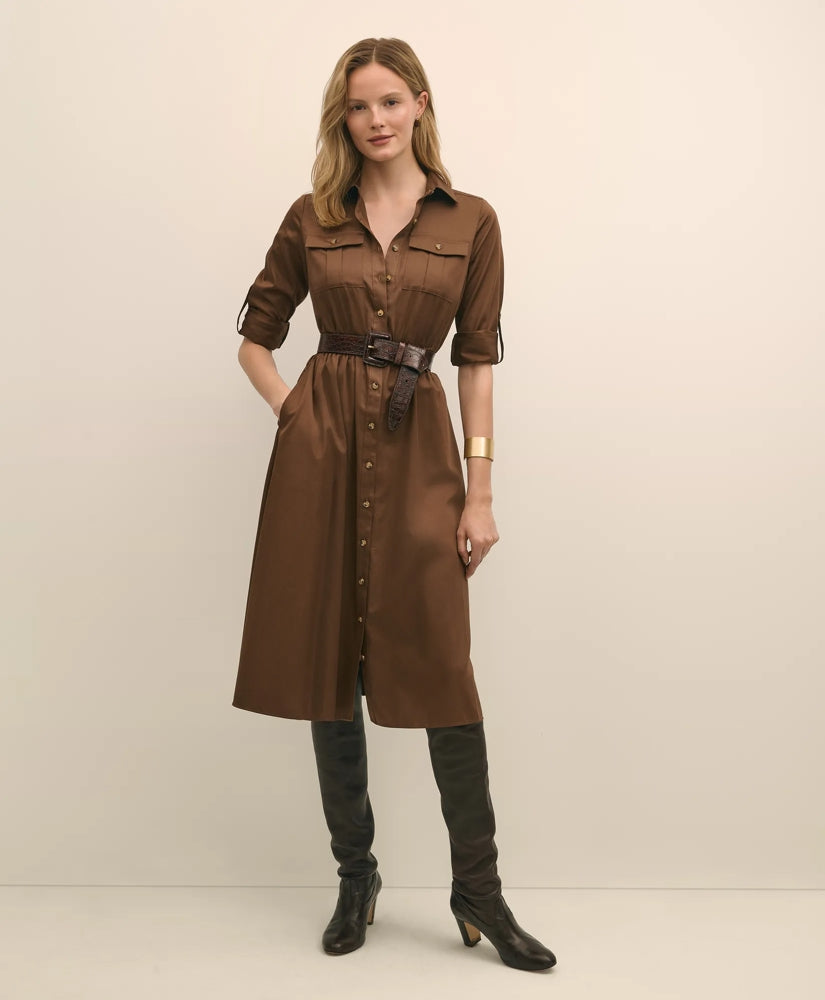 Cotton Sateen Fit-And-Flare Belted Shirt Dress | Brooks Brothers
