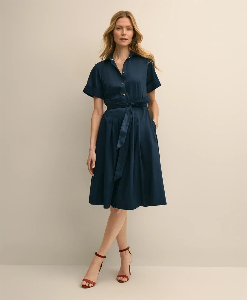 Cotton Sateen Short-Sleeve Belted Shirt Dress | Brooks Brothers