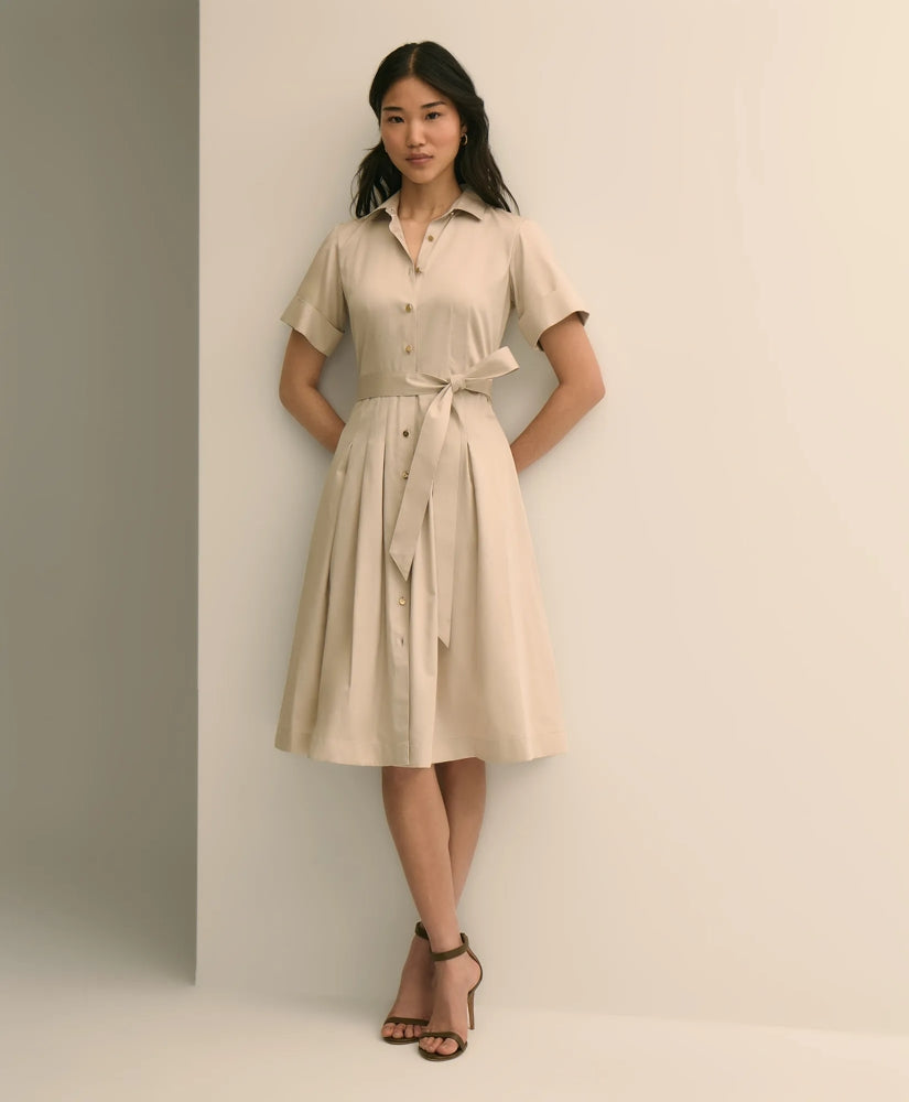 Cotton Sateen Short-Sleeve Belted Shirt Dress | Brooks Brothers