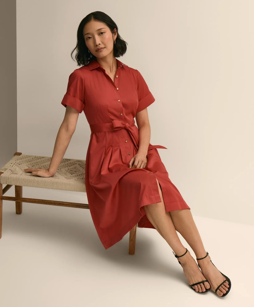 Cotton Sateen Short-Sleeve Belted Shirt Dress | Brooks Brothers
