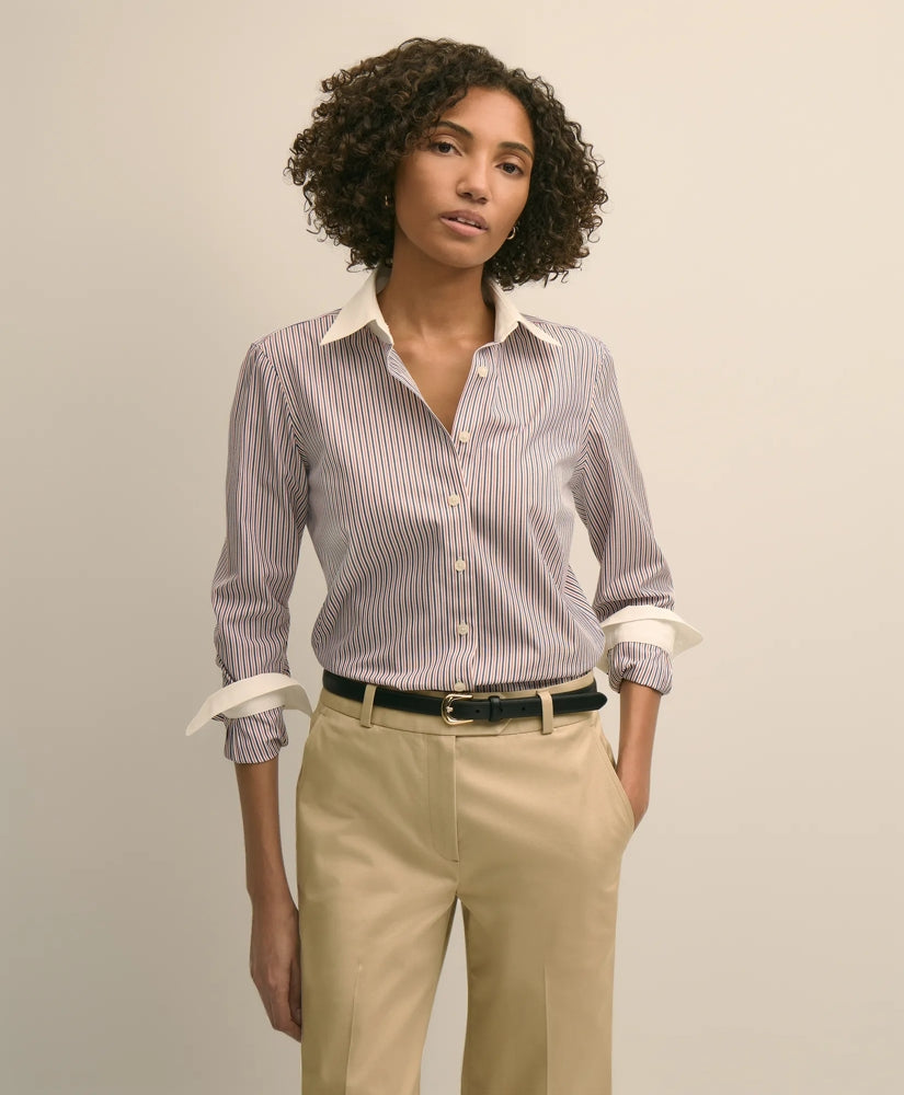 Fitted Non-Iron Stretch Cotton Contrast, Stripe Dress Shirt | Brooks Brothers