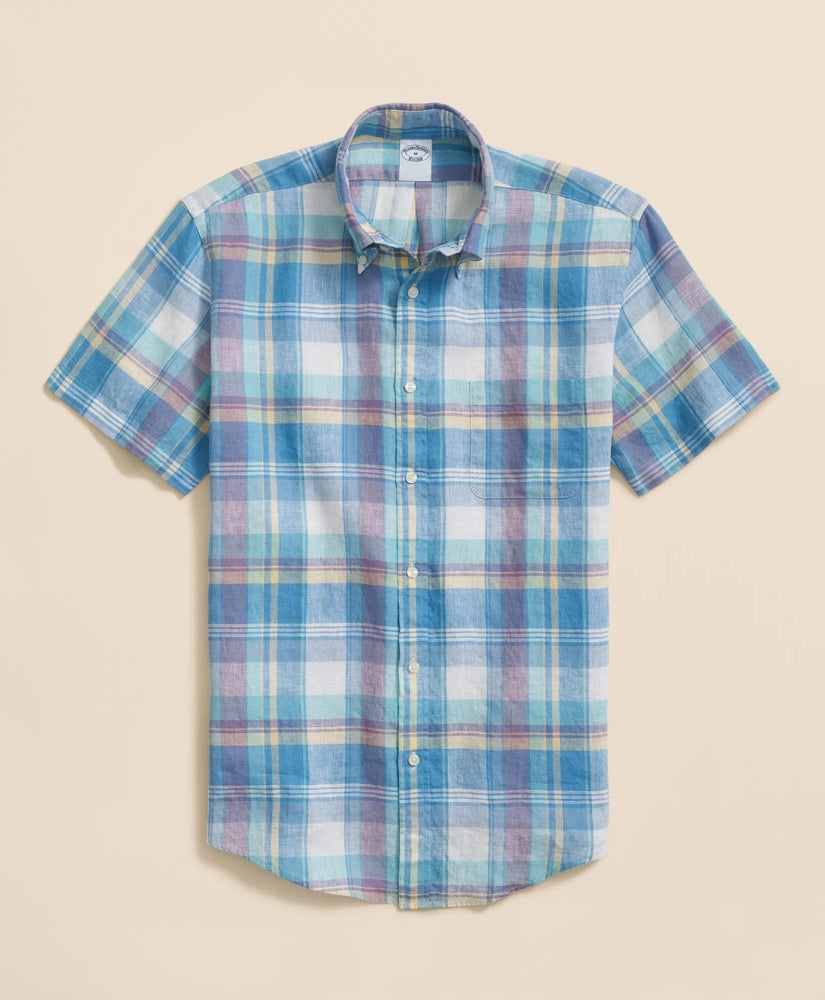 Irish Linen Polo Button Down Collar, Checked Short-Sleeve Shirt | Brooks Brothers