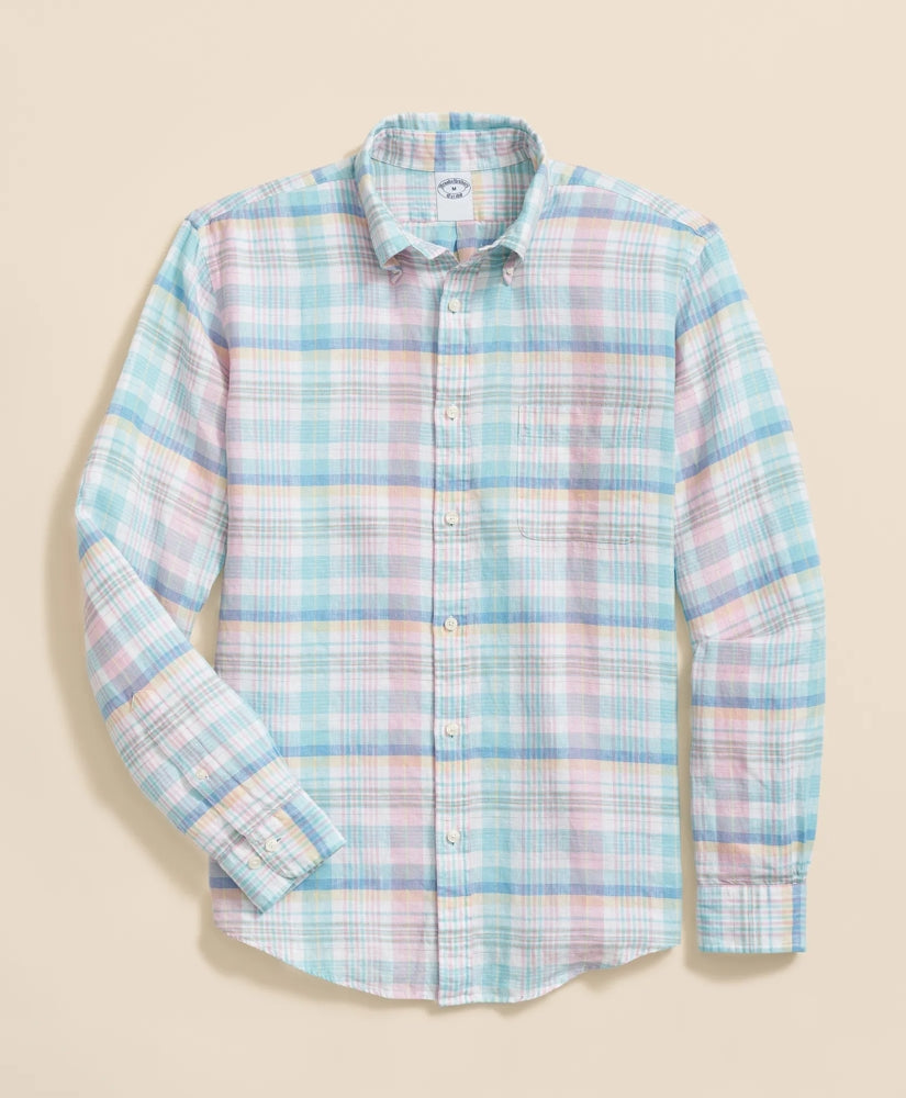 Irish Linen Polo Button Down Collar, Multi Plaid Shirt | Brooks Brothers