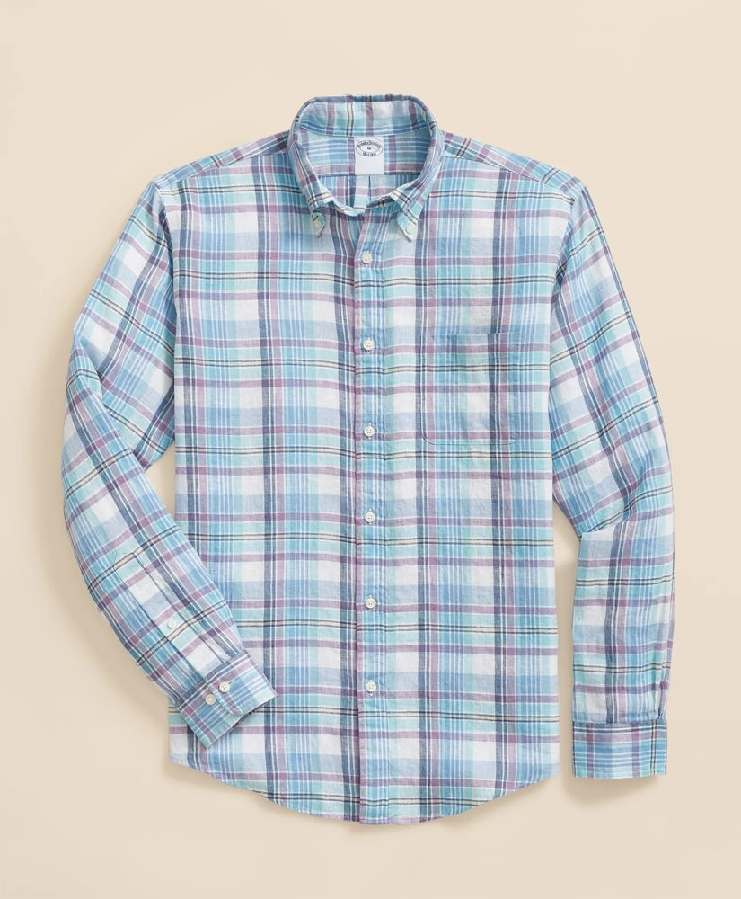 Irish Linen Polo Button Down Collar, Plaid Shirt | Brooks Brothers