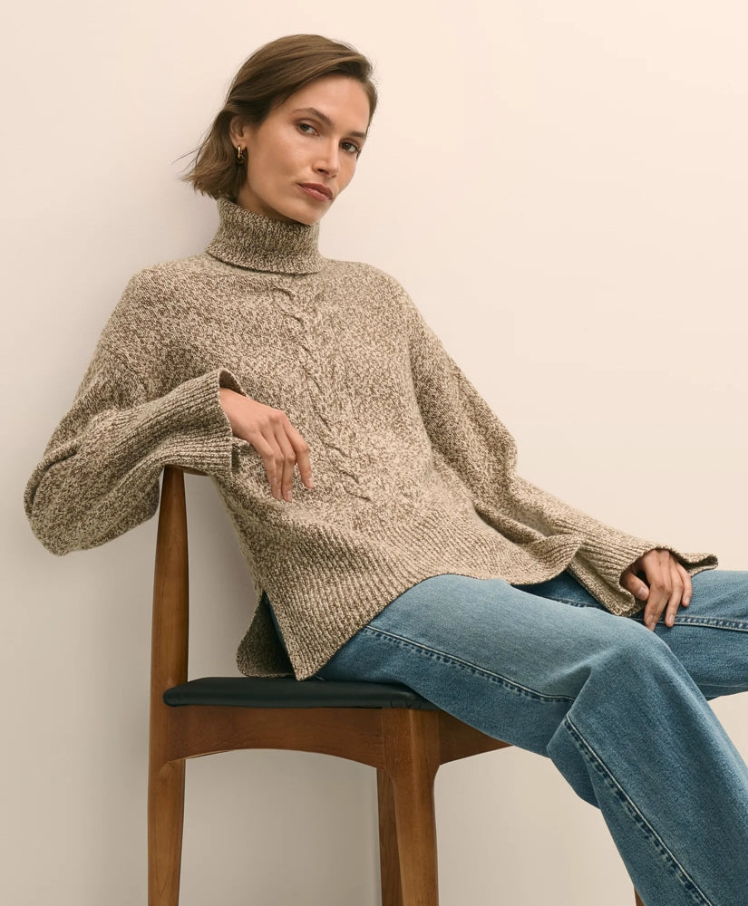 Merino Wool Blend Marled Cable-Knit Turtleneck Sweater | Brooks Brothers