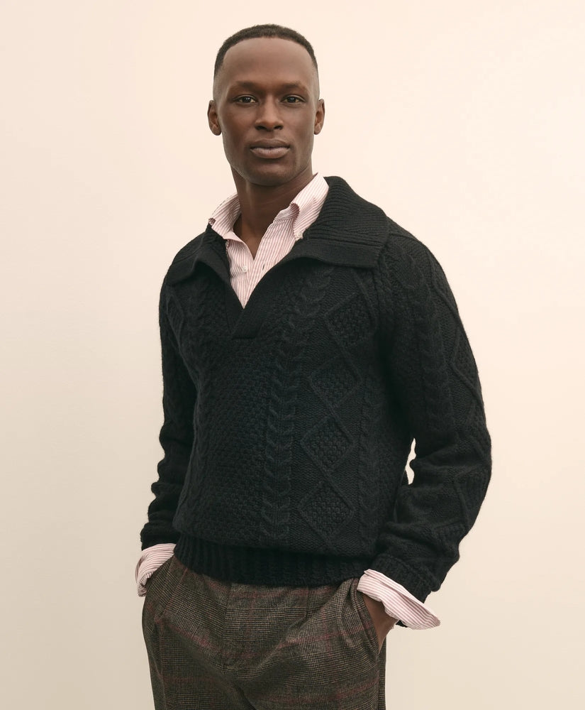 Merino Wool Johnny Collar Aran Sweater | Brooks Brothers