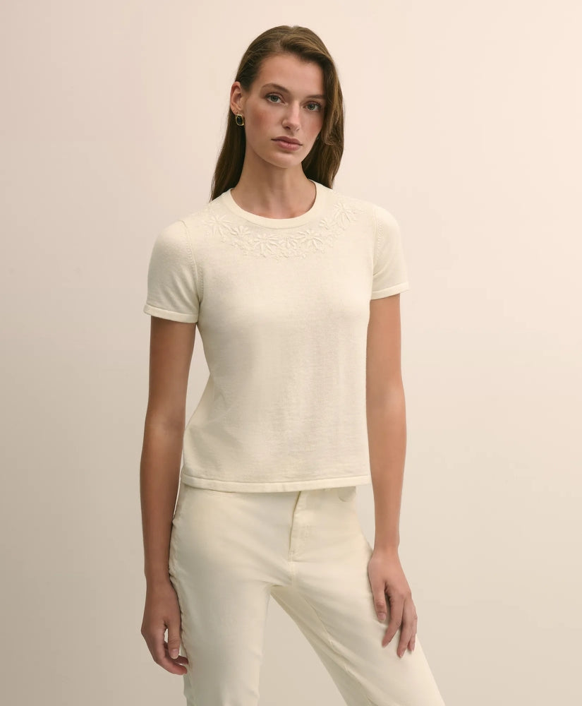 Merino-Wool-Cotton Blend Floral Embellished Short-Sleeve Sweater Shell | Brooks Brothers