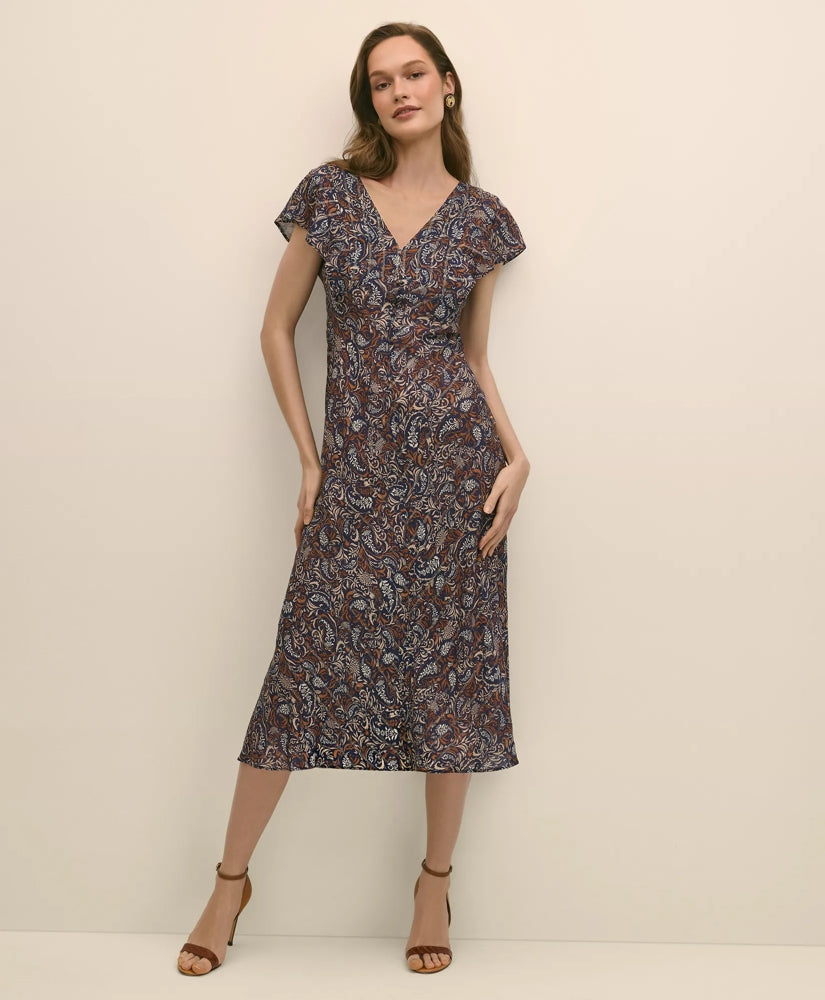 Paisley Shimmer Ruffle-Front Chevron-Stripe Dress | Brooks Brothers