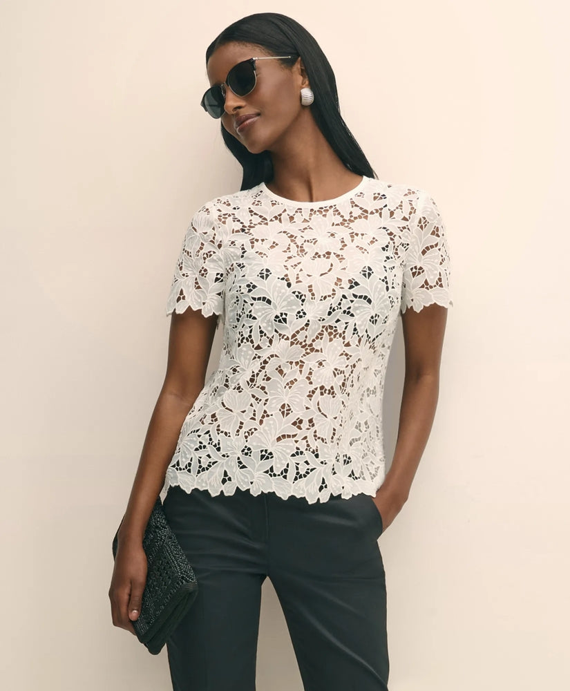 Relaxed Short-Sleeve Semi-Sheer Lace Top | Brooks Brothers