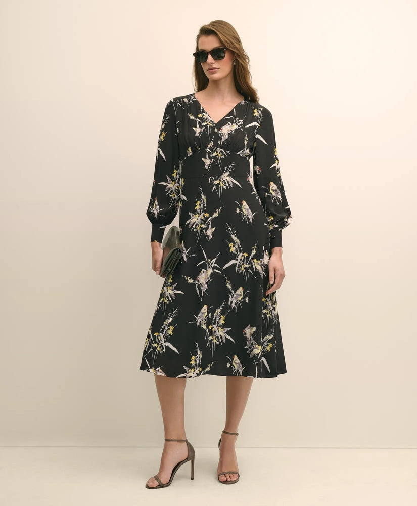 Viscose Fit & Flare Bird Print Dress | Brooks Brothers