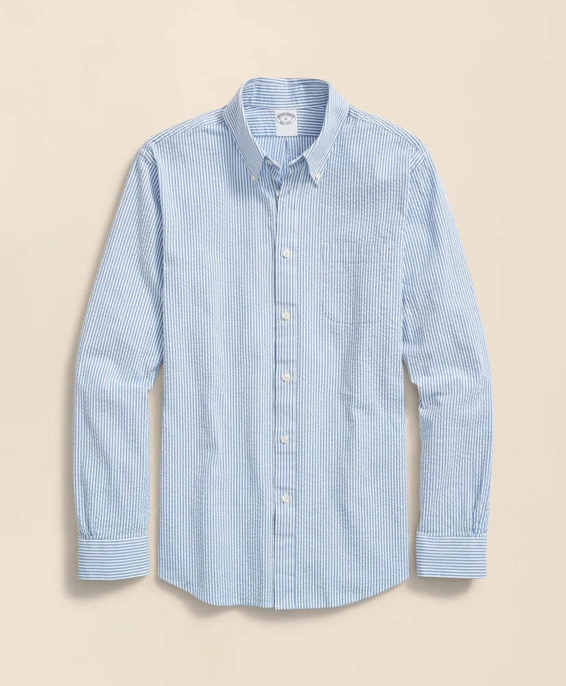 Washed Cotton Seersucker Button-Down Collar, Stripe Sport Shirt | Brooks Brothers