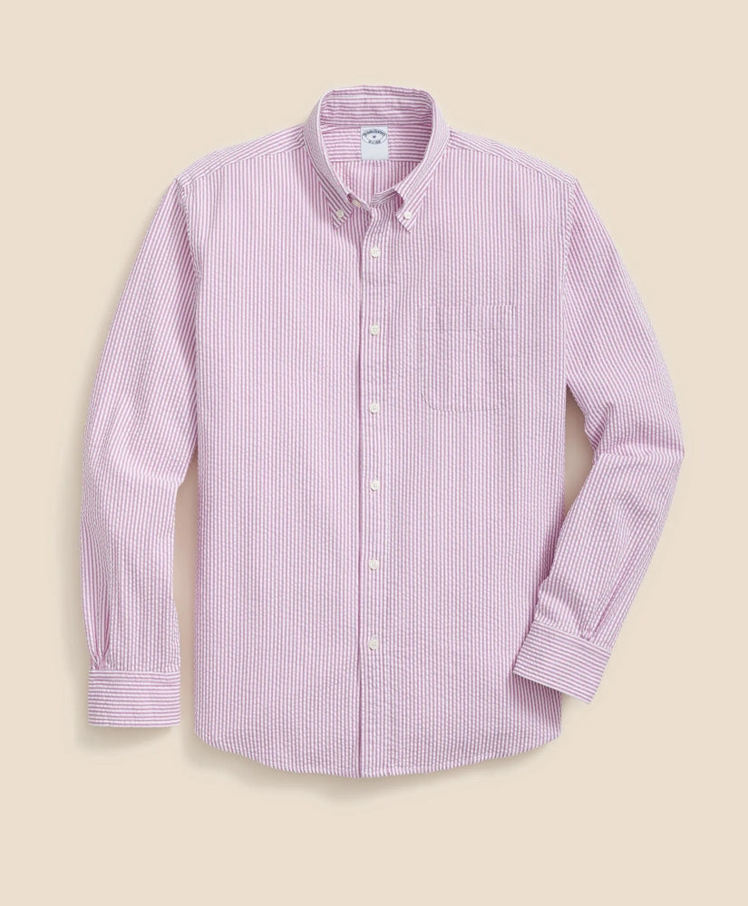 Washed Cotton Seersucker Button-Down Collar, Stripe Sport Shirt | Brooks Brothers