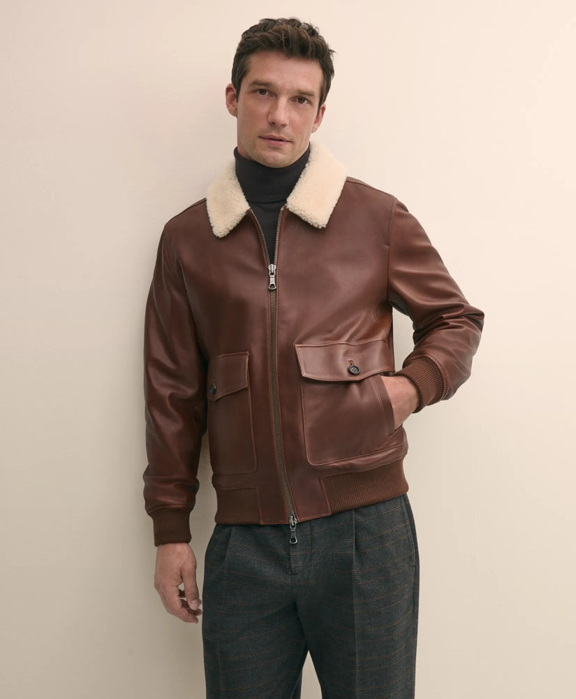 Washed Leather Bomber Jacket With Shearling Collar | Brooks Brothers