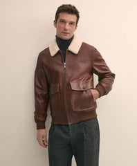 Washed Leather Bomber Jacket With Shearling Collar | Brooks Brothers