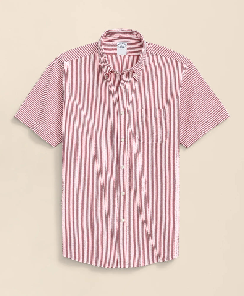 Washed Cotton Seersucker Button-Down Collar, Stripe Short-Sleeve Sport Shirt | Brooks Brothers